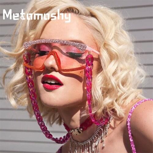 2020 Oversized Diamond Sunglasses Women with Glass Chain One Piece Rhinestone Square Sunglasses Goggle Men Brand Eyewear UV400