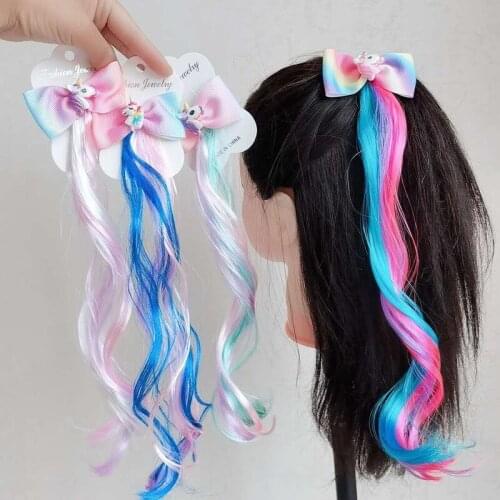 2020 New Unicorn Gradient Color Rainbow Wig Flash Pink Childrens Color Wig Bow Barrettes