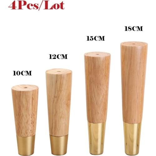 4Pcs Solid Wood Furniture Wooden LegsStraight Cone Sofa Table Feet Pure Copper Protective Cover Dining Chair Oak Wood