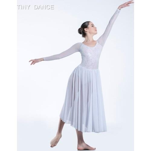 White Sequin Lace Long Sleeve Ballet Dancing Dress Adult Girls Lyrical and Contemporary Dance Costume 19615