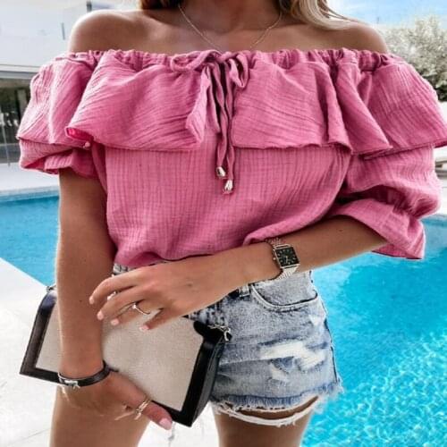 Blouses Women' Shirts Summer Solid Color Shirts Ruffles Slash Neck Flare Short Sleeve Loose Top Blusas Y Camisas Femme Y2K Tops