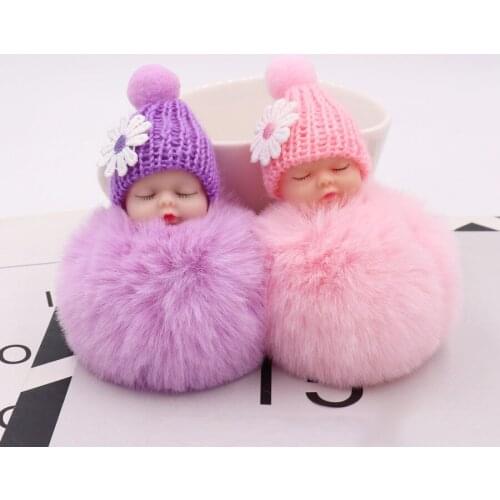 Sleeping Baby Doll Keychain Flower Pom Pom Rabbit Fur Ball Key Chain Fluffy Car Keyring Porte Clef Bag Key Ring
