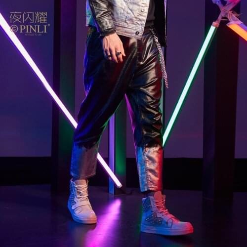 Free Shipping New mens MALE casual fashion Unique Night shines autumn nightclub contrast color denim trousers pants BY193116393