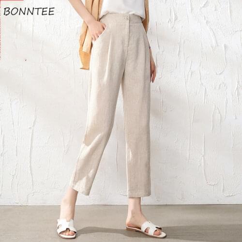 Casual Pants Women Summer Solid Simple Leisure All-match Ankle-length Comfortable Streetwear Ladies High-quality Linen Fashion