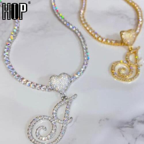 Hip Hop A-Z Cursive Letters CZ Custom Name Letters tennis chain Necklaces & Pendant Cubic Zirconia For Men Jewelry Heart Clasp