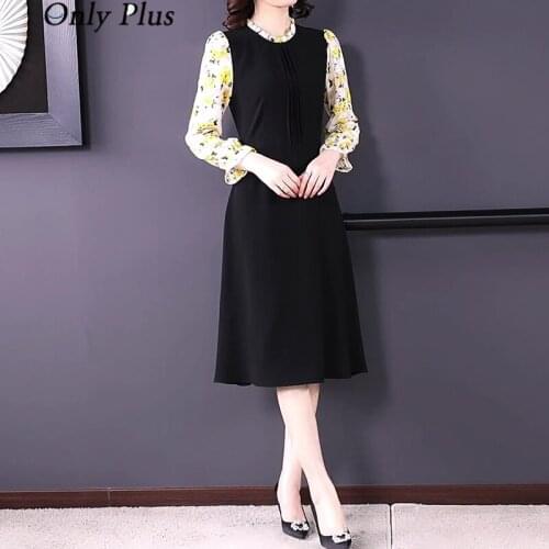 Only Plus Black Patchwork Folds Dress Women Mid-Length Autumn Puff Sleeve A-line Ruffled Long-Sleeved Dresses Elegant Lady Dress