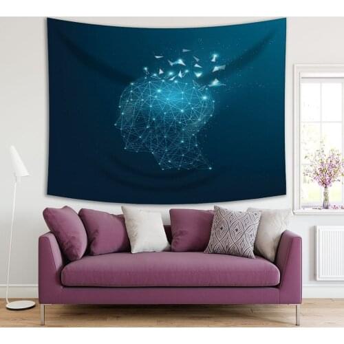 Tapestry Digitally Drawn Thinkers Head and Brain Low Poly Wire Frame on Dark Blue Background Abstract Art Printed