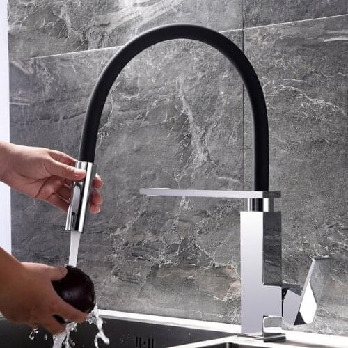Chrome polished Unleaded brass kitchen faucet square pull down out tap single hole mixer faucet