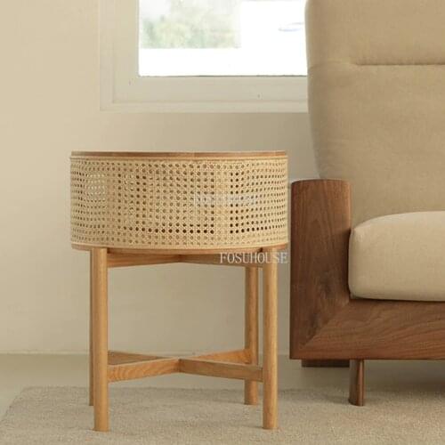 Nordic Coffee Table Solid Wood Rattan Sofa Sides Table Simple Tea Table Living Room Bedroom Rattan Wooden Small Round Nightstand