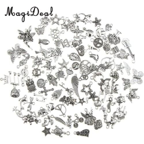 MagiDeal 100 Pieces Antique Silver Mixed Style Pendant Jewelry Findings DIY Craft Necklace Bracelet Making Accessaries