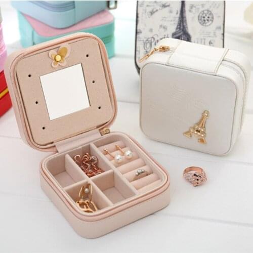 Mini Travel Portable Jewelry Box with Mirror Cosmetic Makeup Organizer Earrings Casket Three-tier Storage Box Leather as Picture