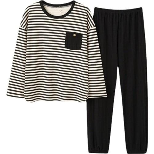 L-3XL Mens Striped 2PCS Cotton Pajama Sets Casual O-Neck Top&Pant Nightwear Comfort Sleepwear Spring Autumn New Loose Home Wear