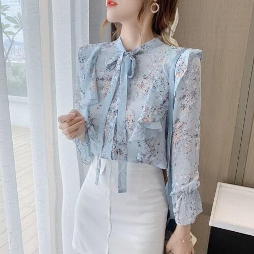 Bow-knot chiffon shirt womens lotus leaf floral shirt 2020 autumn new product wild long-sleeved lace-up top blouse