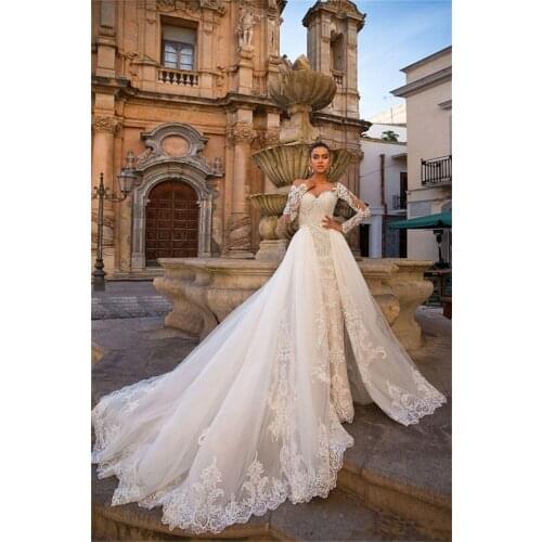 Sexy Mermaid Wedding Dresses With Detachable Train Bridal Gowns Sweetheart Long Sleeves Lace Appliques Tulle Overskirts Marriage