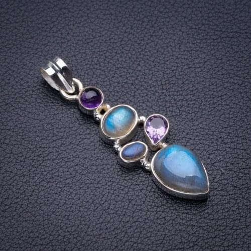 StarGems Natural Blue Fire Labradorite And Amethyst Handmade 925 Sterling Silver Pendant 2" D5343