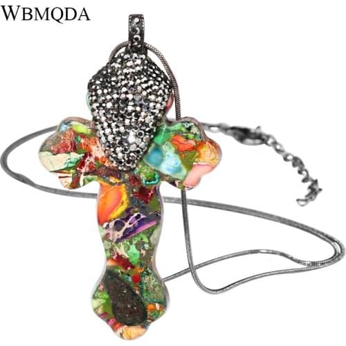 Vintage Colorful Natural Stone Cross Pendant Necklace Women Punk Gun Black Chain Crystal Long Necklace Christmas Gift