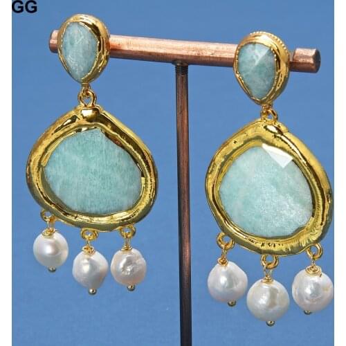GuaiGuai Jewelry Natural Green Amazonite Cultured White Keshi Pearl Dangle Earrings For Women