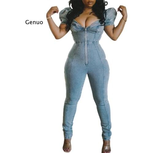 2021 Hot Office Lady Denim Plus Size High-End Jumpsuits Europe and America Short Sleeve High Waist Skinny Pencil Jumpsuits