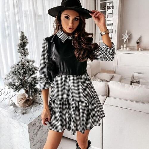 2021 Ladies Stitching Plaid Leather Hot Sale Dress Bohemian Style Dress Fringed Mini Casual Long Sleeve Womens Short Skirt