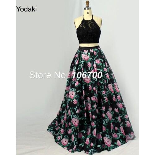 Beautiful Print Ballgown Prom Dresses Halter Black Beaded Top Off Shoulder Backless Long Party Evening Gowns