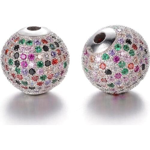 10pcs 10mm Round Brass Micro Pave Cubic Zirconia Colorful Beads Rhinestone Disco Ball for Jewelry Making DIY hole: 2mm