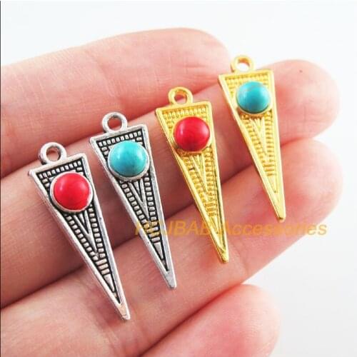 16Pcs Retro Gold Color Tibetan Silver Tone Triangle Blue&Red Stone Charms Pendants 9x28.5mm