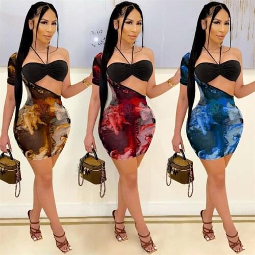 CHRONSTYLE Halter Lace-up Tnak Tube Tops Women 2 Pieces Sets Club Streetwear Off Shoulder Single Short Sleeve Print Pencil Dress