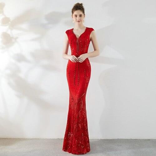 2021 New Elegant Mermaid Long Evening Dress Red Sequin Beading Sexy In Stock V-neck Party Dresses Prom Gown