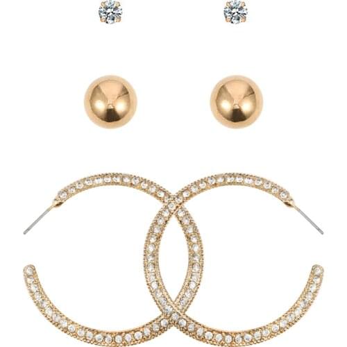 3 Pair/Set 2021 New Style Fashion Gold Color Full Rhinestone Stud Earrings Set for Women Lady Round Small Earrings Jewelry Gift