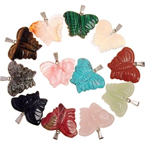 6pcs Cute Animal Pendant Carved Natural Stone Butterfly Necklace Pendants Jewelry Healing Meditation Pendulum Free Shipping