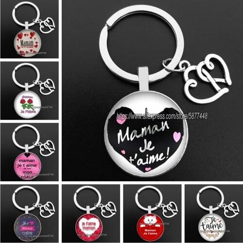 New Fashion Happy Mothers Day Glass Cabochon Keychains French Je T'aime Maman Fashion Key Chain for Mother Gifts Keyring