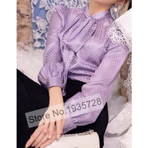 Ladies Plaid Jacquard Silk Long Sleeve Blouse Shirt Top With Ribbon Ties Detail