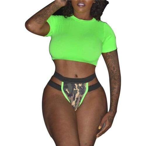 Women Camouflage Swimwear Set Short Sleeve Crop Tank Tops And Panties Black Green 2pcs Swimsuits For Women
