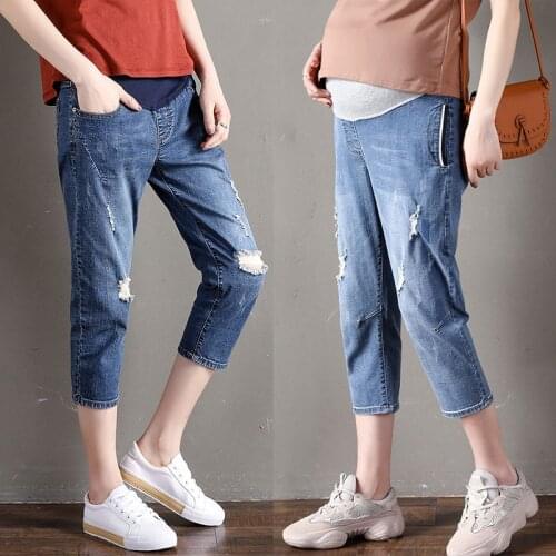 7/10 Length Maternity Jeans Summer Thin Plus Size Pregnant Women High Waist Belly Pants Casual Fashion Clothes For Pregnancy