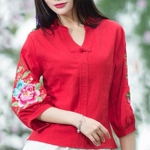 Ethnic Floral Embroidery Blouse Women 3/4 Puff sleeve Summer Tops Solid color Red V neck Loose Plus size Tees Ladies Clothes