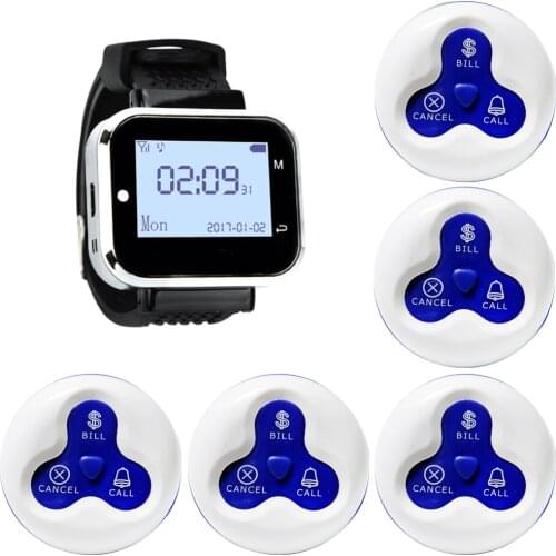 JINGLE BELLS Wireless Calling System 5 Calling Buttons+ 1 Watch Pager for Restaurant, cafe, bar/ Wireless Service Call Bells