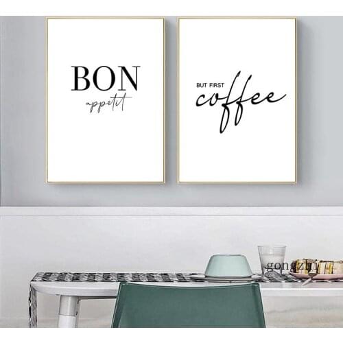 Bon Appetit But First Coffee Quote Poster Black White Canvas Painting and Prints Wall Art Picture for Dining Hall Kitchen Decor