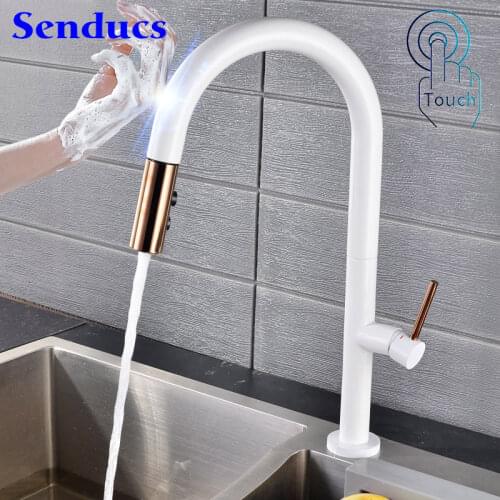 White Gold Touch Kitichen Faucets Senducs Quality Brass Kitchen Tap Pull Out Kitchen Mixer Faucet Smart Touch Kitchen Faucets