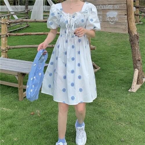 Sweet Daisy Print Summer Dress Bow Square Collar Puff Sleeve Knee-Length Dress High Waist Loose Casual Womens Dresses