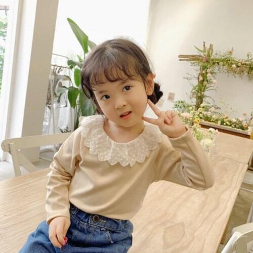 Lovely Girls Shirts 2019 Autumn Baby Soild Long Sleeve Lace Collar Girls Cotton Tops For 2-7Yrs Kids T-shirt Children Clothing