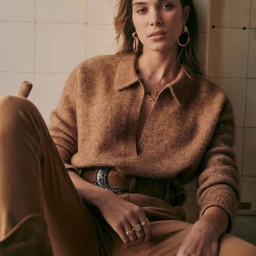 Korean Fashion Women Pullover Simple Lapel Soft Autumn Winter Polo Sweater Ladies Casual Long Sleeve All-match Jumper Coffee Top