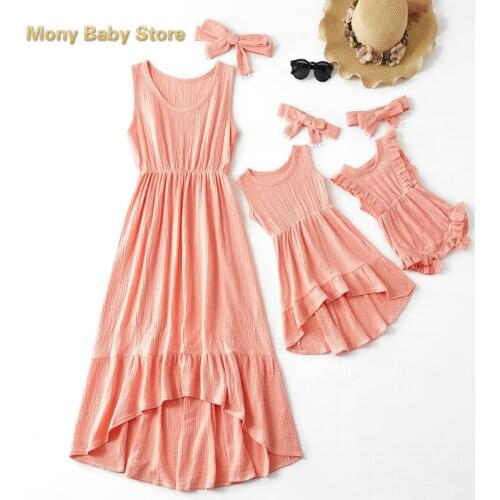 Sisters Matching Outfits Dresses Summer Mommy and Daughter Irregular Skirts Solid Kids Clothing Girls Dress Toddler Girl Clothes