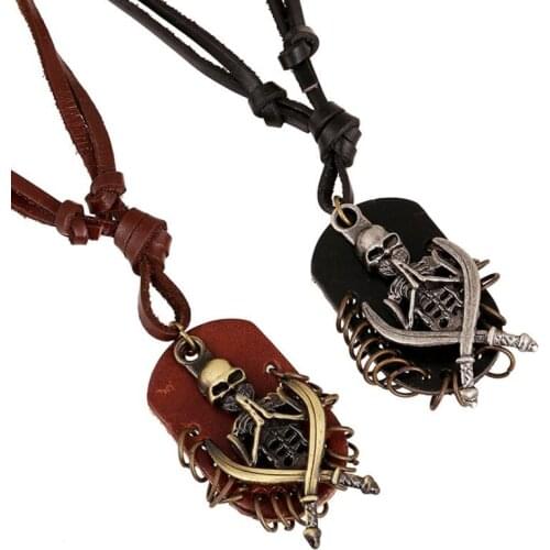 Punk Rock Gothic Men Skull Pendant Necklace Vintage Metal Skeleton Genuine Leather Long Chain Adjustable Fashion Choker Jewelry