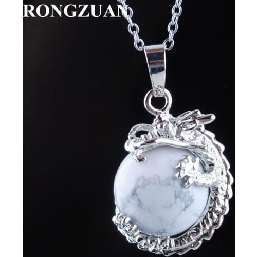 RONGZUAN Natural Stone white Turquoises Round Ball 16mm Bead Animal Dragon Charm Pendant Chain Necklace 18"Jewelry TN3143