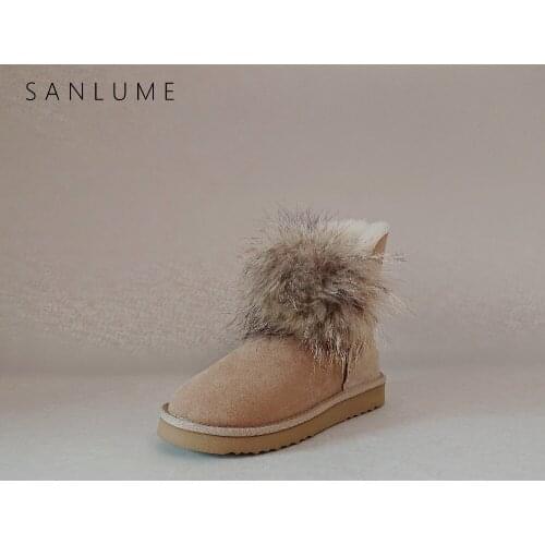 SANLUME Casual Winter Shoes Women Real Fox Fur Snow Boots Waterproof Sheepskin Keep Warm Ankle Boots non-slip EVA Sole