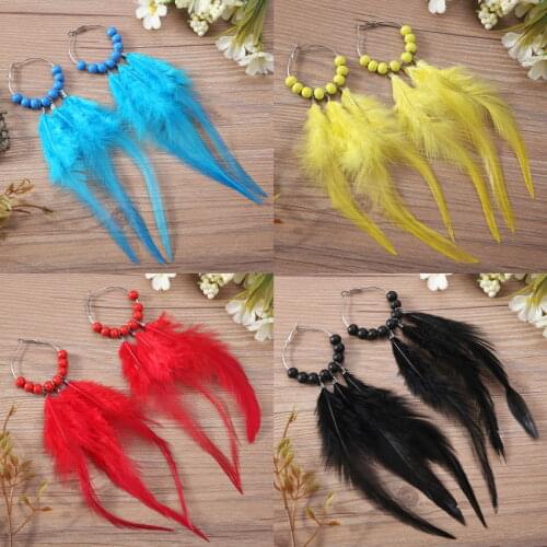 Colored Wooden Beaded Hoop Pretty Real Long Feather Earrings for Women 2021 Fashion Boho Jewelry Wholesale