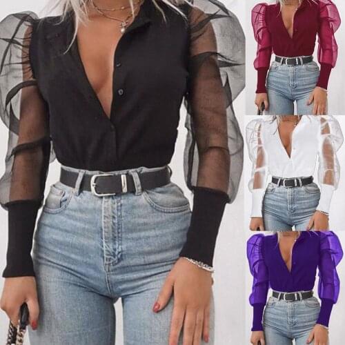 Stylish Women Solid Color See Through Mesh Long Puff Sleeve Buttons Down Shirt Mesh Sleeve Baggy T-Shirts Tee Shirt Top