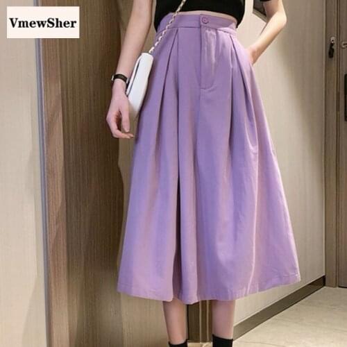 VmewSher New Vintage Women Skirt High Waist with Pockets Mid-calf Long Female Fashion Plain Purple Pleated Elegant Solid Skirts