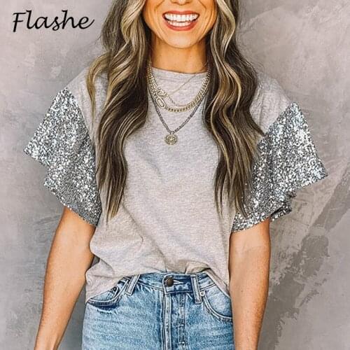 New Sequins T-shirt Patchwork Long Sleeve Tops Shirts Women Casual Loose Tee 2021 Spring Autumn O neck Ruffle Lady Street