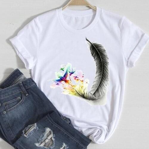 Women Short Sleeve Feather Watercolor New 90s Fashion Cartoon Summer Stylish T Top Lady Print Tee Girl Tshirts Clothes T-Shirt